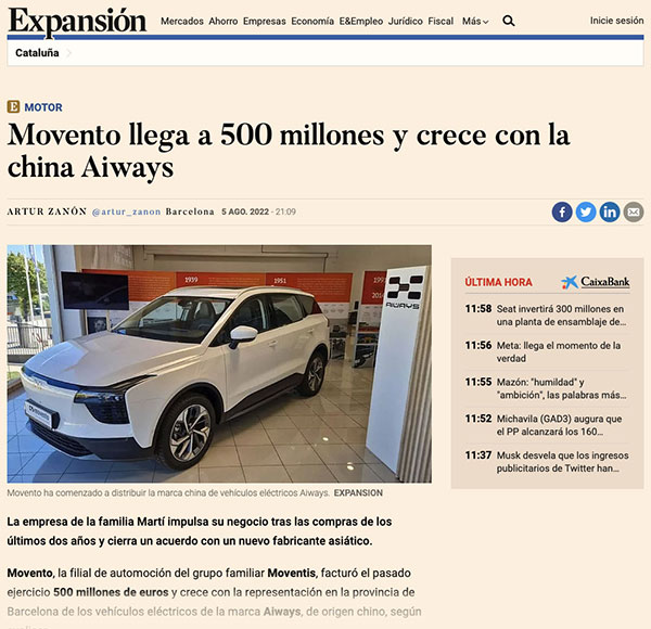 Movento llega a 500 millones y crece con la china Aiways